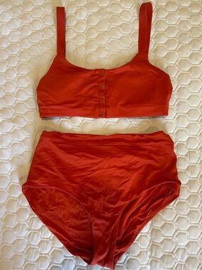 Andie Red High-Waist Bikini Set with Button-Front Top